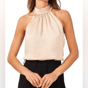Halogen Pleated Mock Neck Satin Top In Champagne Fizz